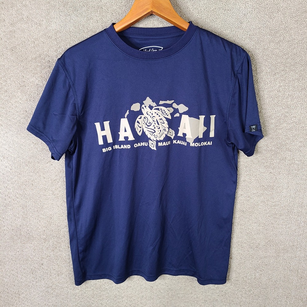 Island Crew Shirt Mens‎ L Blue Hawaii Graphic Tee Polyester Casual Short Sleeve